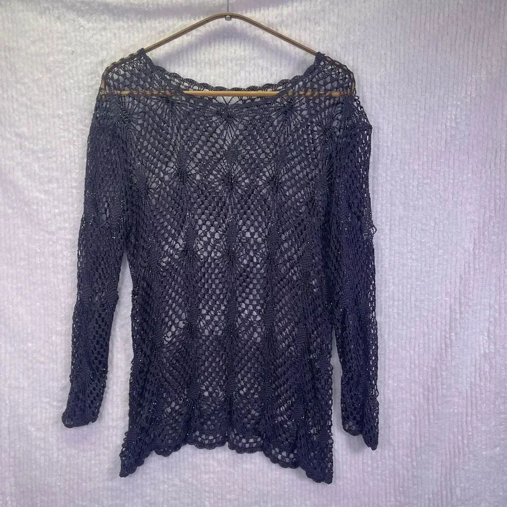Blue Long Sleeve Beaded Starburst Boho Pullover Crochet Top Size Medium